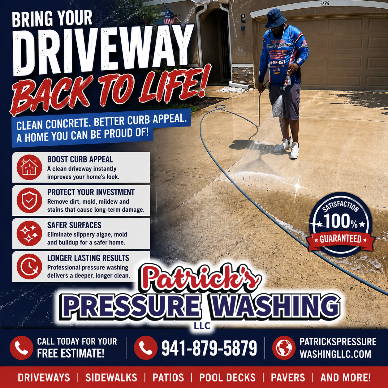 Professional pressure washing of a residential concrete driveway by Patrick's Pressure Washing, improving curb appeal and removing dirt and stains.