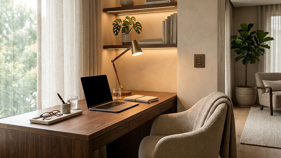 Warm remote-work corner with an open laptop, glare-free task lighting, soft daylight, and calming materials designed for visual comfort.