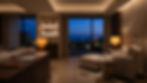 Serene evening hotel suite with a closed laptop, warm dimmed lighting, soft furnishings, and a calm atmosphere for winding down.