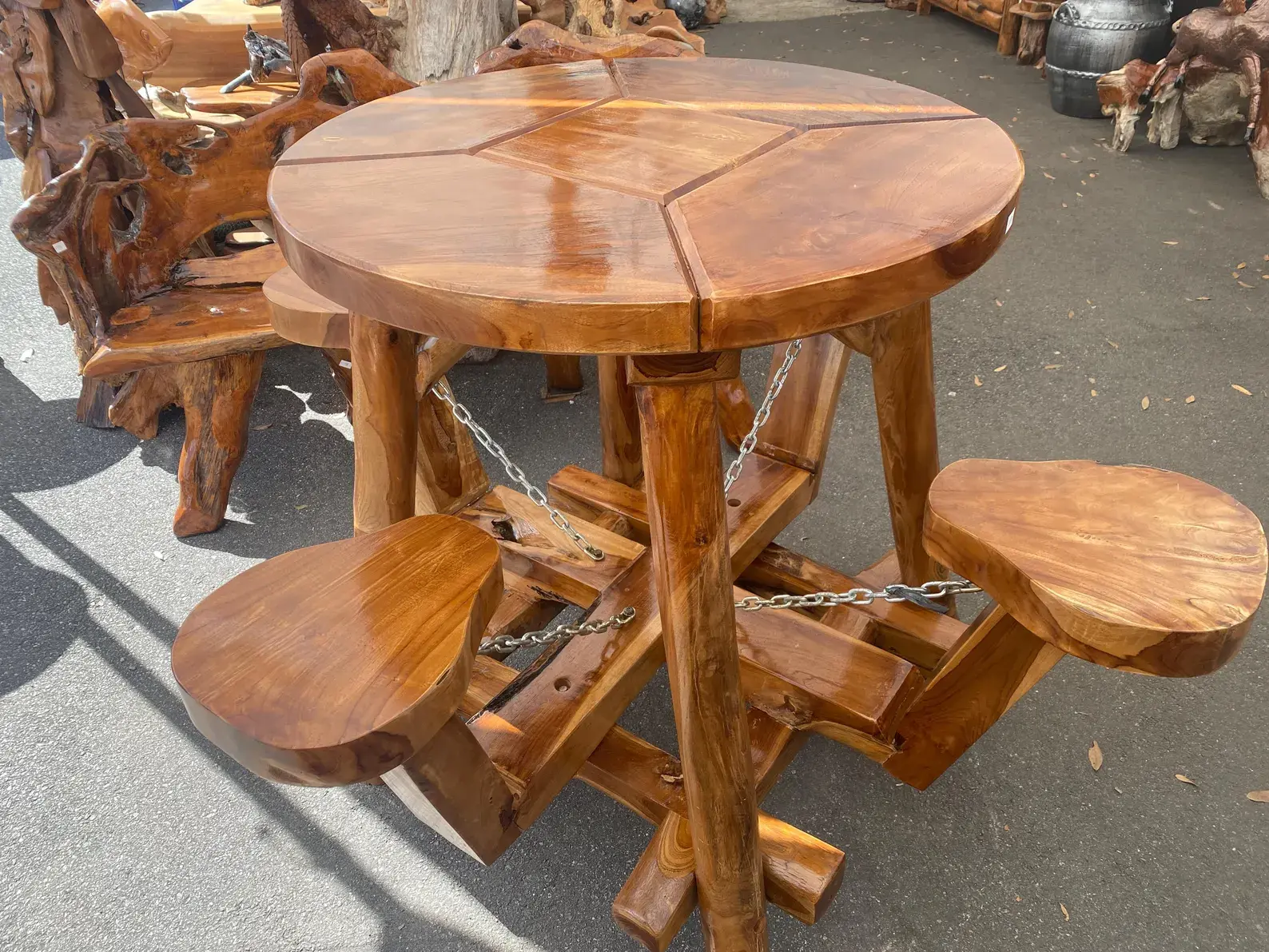 Teak Root Solid Wood Picnic Table | Motorcycle-Inspired Saddle Seats