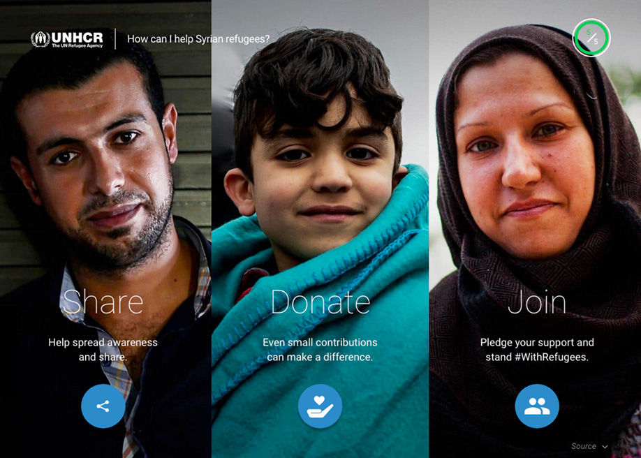 Screenshot of UNHCR’s nonprofit 'Searching for Syria' website page highlighting three ways visitors can help refugees through donation, advocacy, or volunteering.