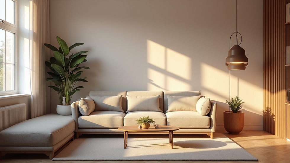 Wide angle view of a living room featuring a modern color palette