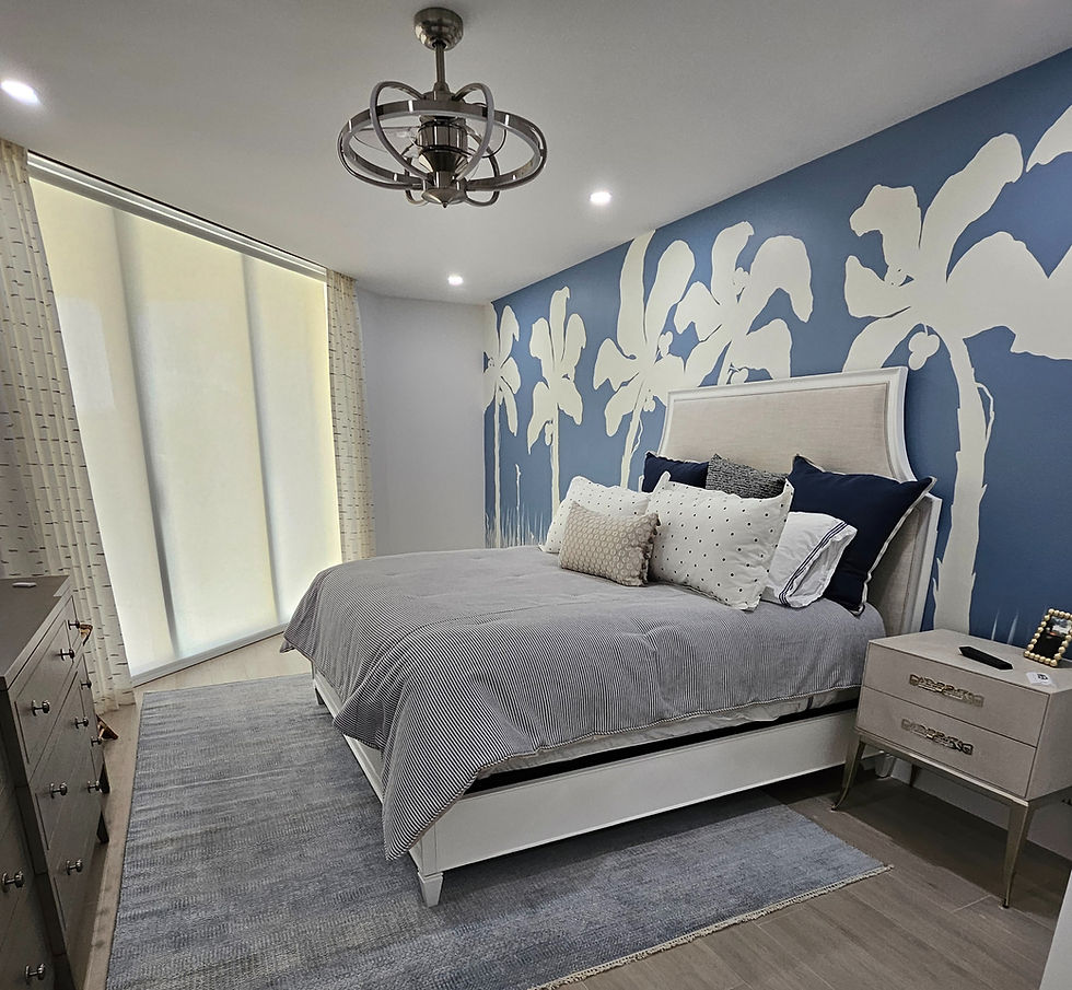 Eye-level view of a vibrant blue accent wall with geometric patterns