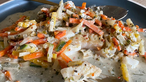 Papillote de Merlan, Julienne de légumes  