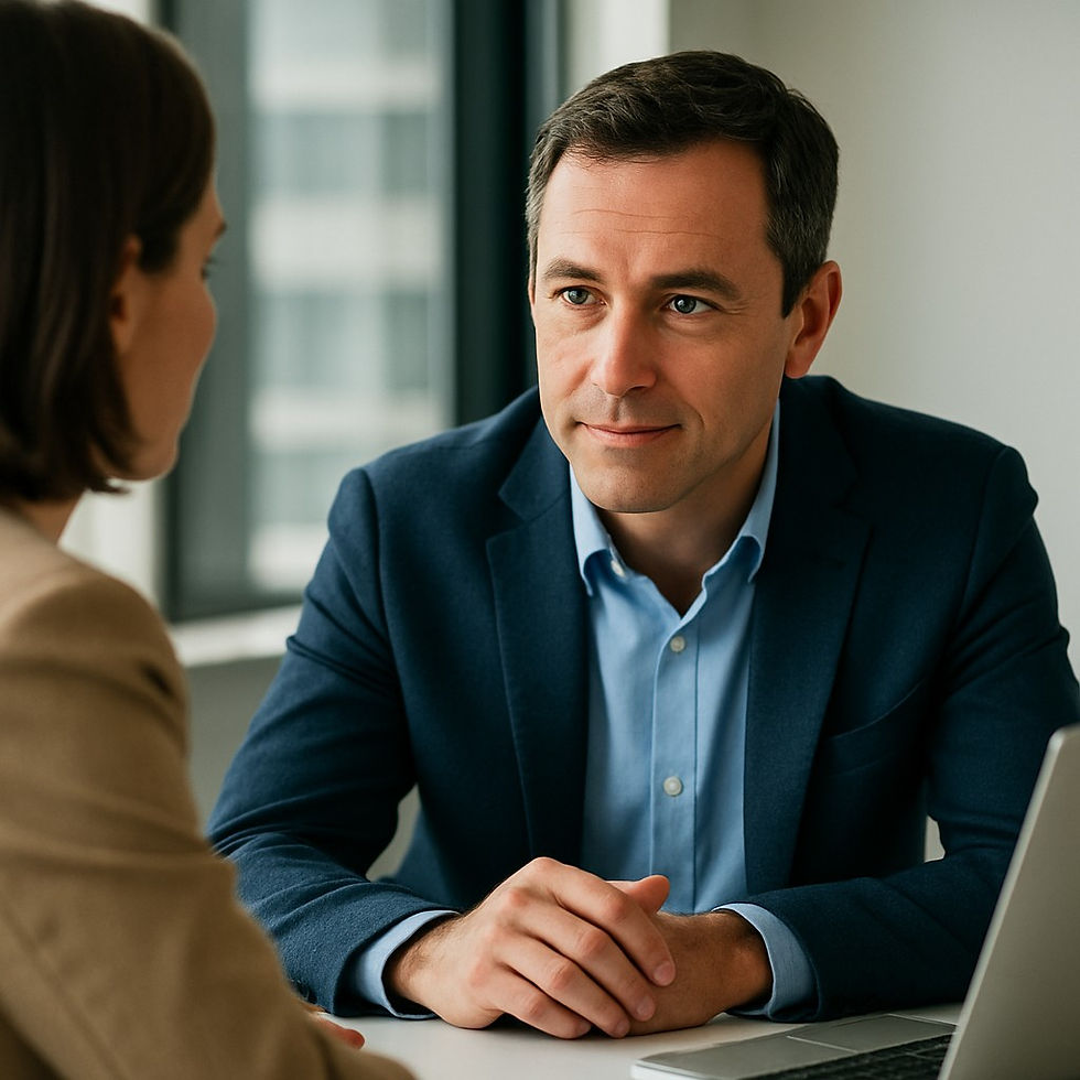 A professional male leader in a blazer listens attentively to a colleague across the table in a bright office setting, showing warmth and focus.