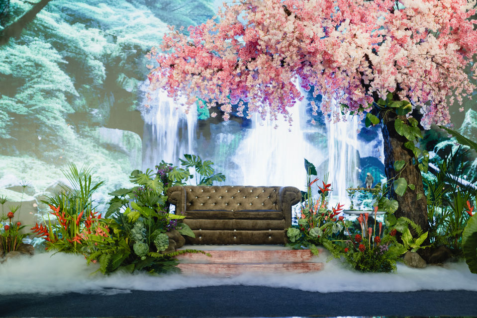 A tropical forest theme wedding stage