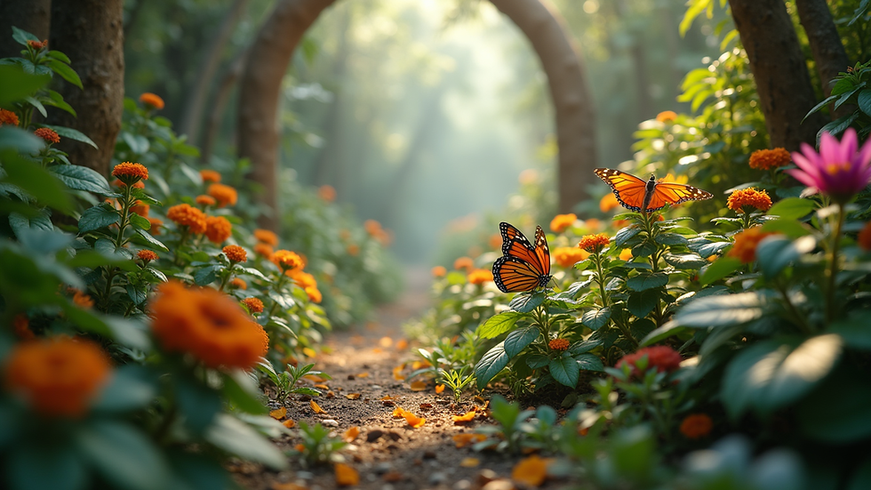 Eye-level view of a butterfly temple interior with colorful butterflies resting on plants