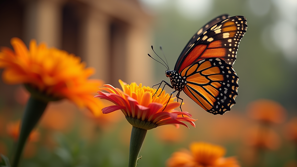Close-up view of a butterfly perched on a vibrant flower inside a temple