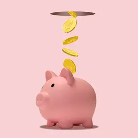 Coins falling into a piggy bank