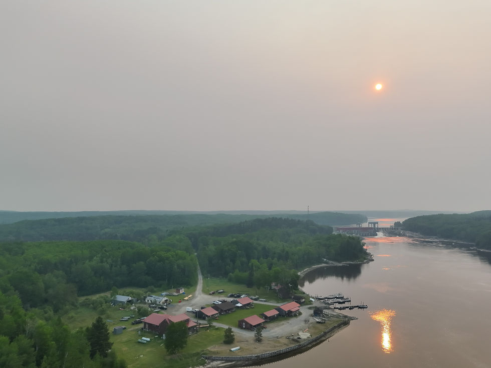 Distant aerial view of a fishing camp