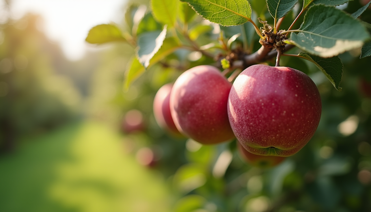 Eye-level view of a mature apple tree with ripe red apples hanging from its branches