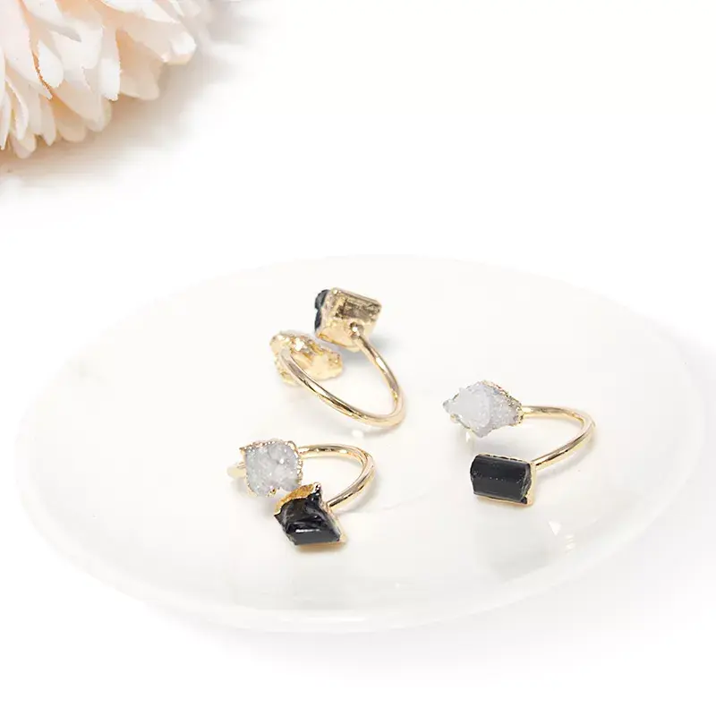 Thumbnail: Black Tourmaline and Crystal Cluster Finger Jewelry - Adjustable Size