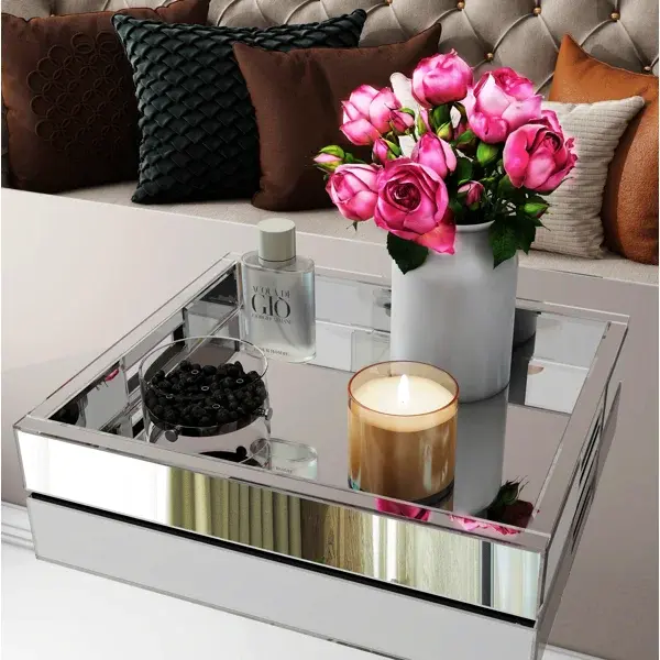 Thumbnail: 18" Mirrored Glass Decorative Tray -  Silver