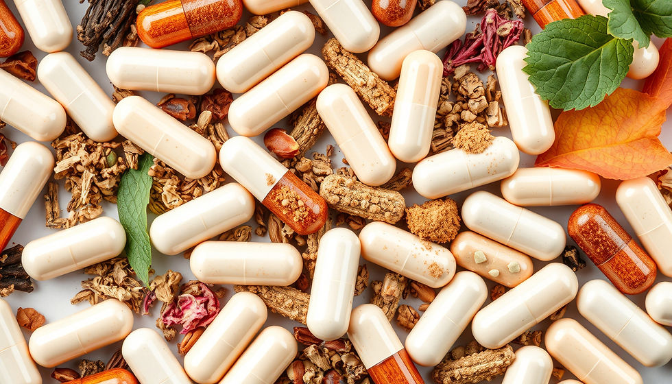 Close-up view of a variety of colorful nutraceutical supplements