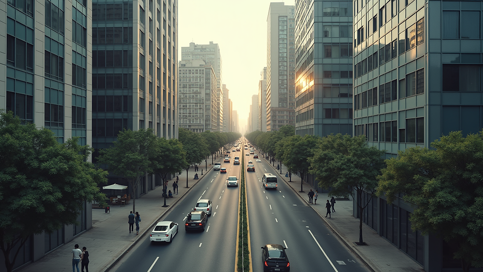Plano aéreo de ciudad con edificios modernos y calles concurridas
