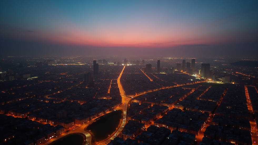 Plano aéreo de una ciudad al atardecer con luces encendidas