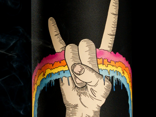 Devil Horns hand holding a dripping rainbow