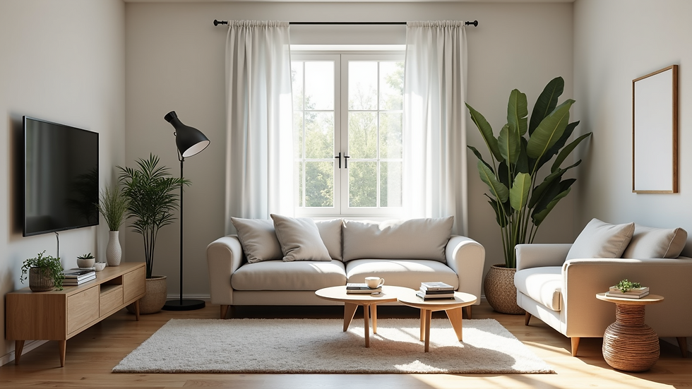 High angle view of a clean and organized living room after professional cleaning