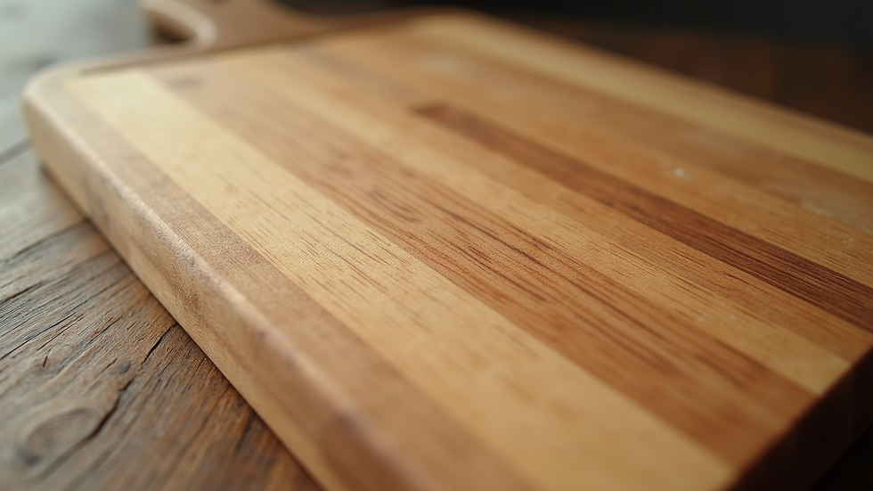 Close-up view of a handcrafted wooden cutting board with natural grain patterns