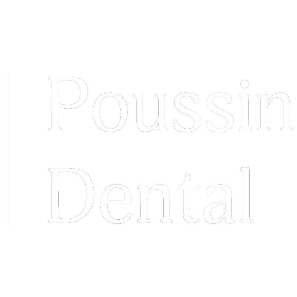 Logo of Poussin Dental in White - all script
