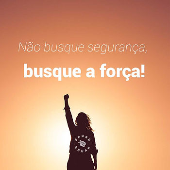 nessa foto vemos a sombra de uma pessoa com um dos braços erguidos com o punho fechado diante de um por do sol. também está escrito não busque segurança, busque a força