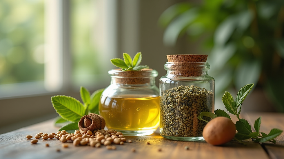 Close-up view of herbal remedies in glass jars