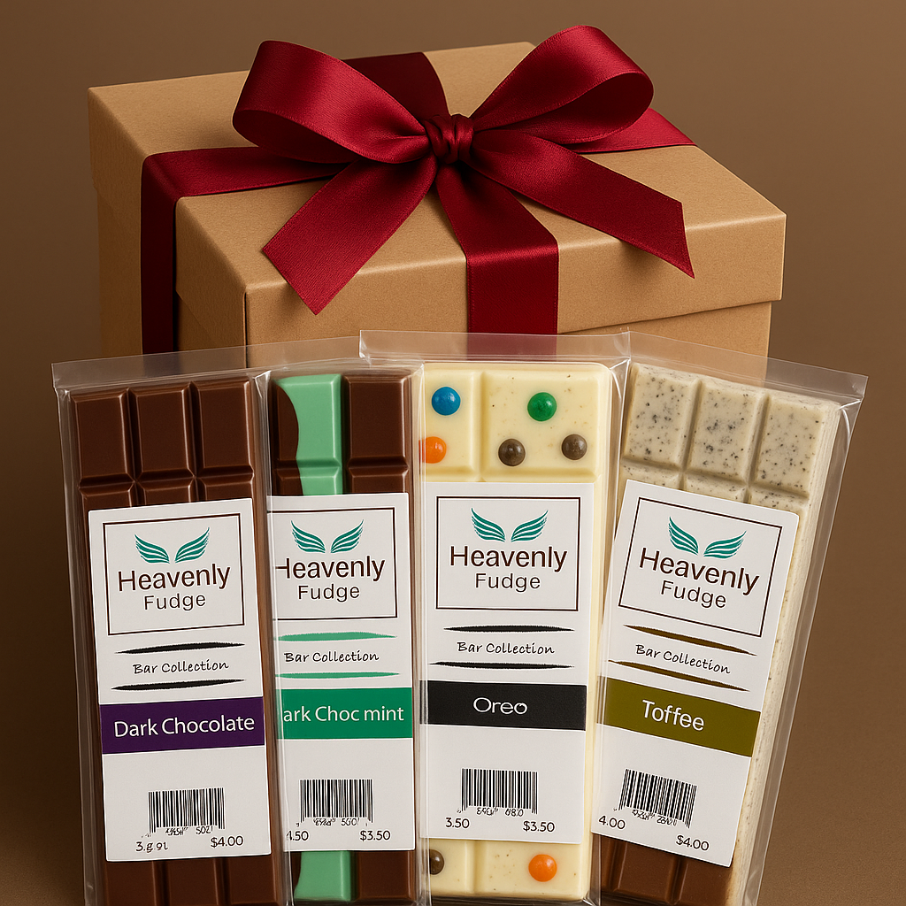 Assorted Heavenly Fudge chocolate bars fanned out in front of a holiday gift box, showcasing 30 individually wrapped bars in