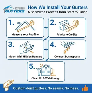 Gutter installation quote process infographic showing 6 steps by Express Gutters