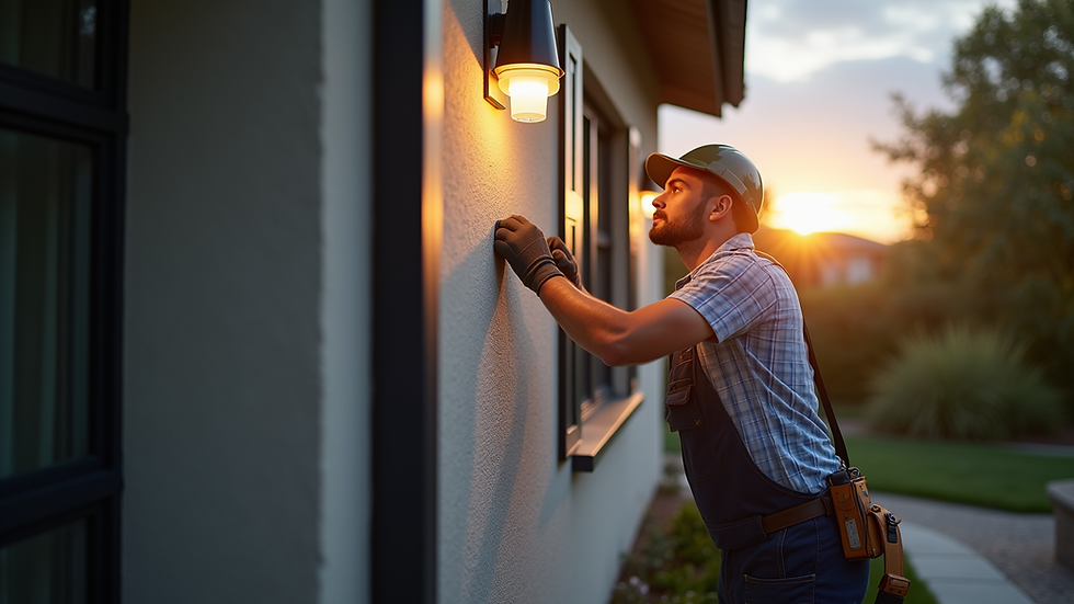 Eye-level view of electrician installing outdoor lighting on a residential wall