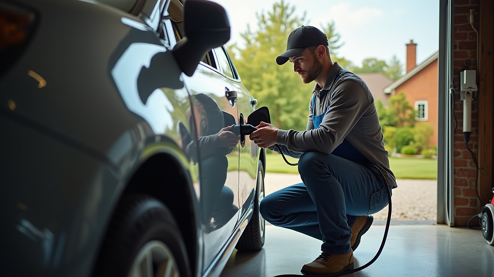 Eye-level view of an electrician installing an electric vehicle charger in a residential garage