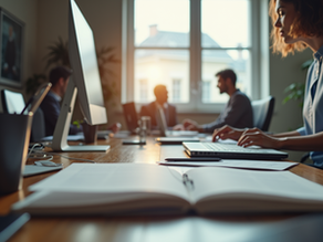 Four middle market business owners work at computers in a sunlit office with large windows, wooden tables, and open books. The mood is focused and professional.