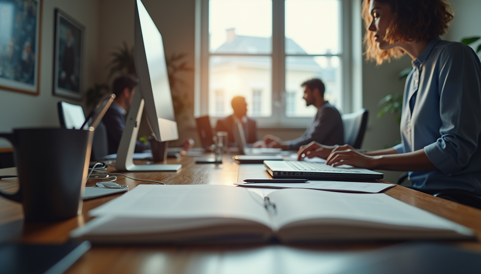 Four middle market business owners work at computers in a sunlit office with large windows, wooden tables, and open books. The mood is focused and professional.