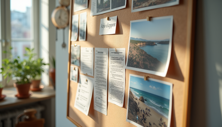 High angle view of a vision board with images and notes representing long-term goals