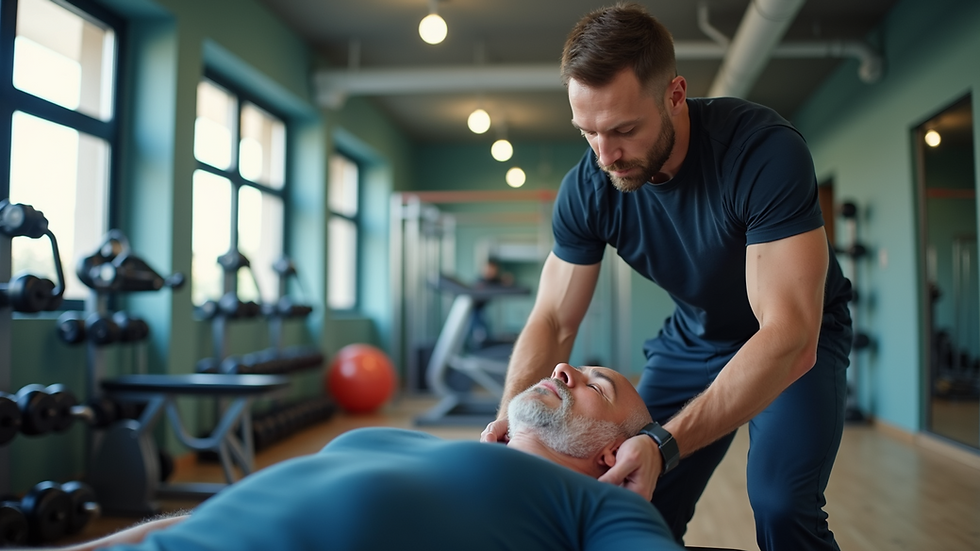 Eye-level view of a personal trainer guiding a client through a rehabilitation exercise