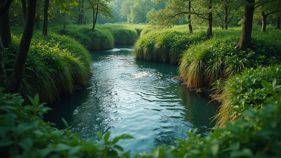 High angle view of a serene water source surrounded by greenery