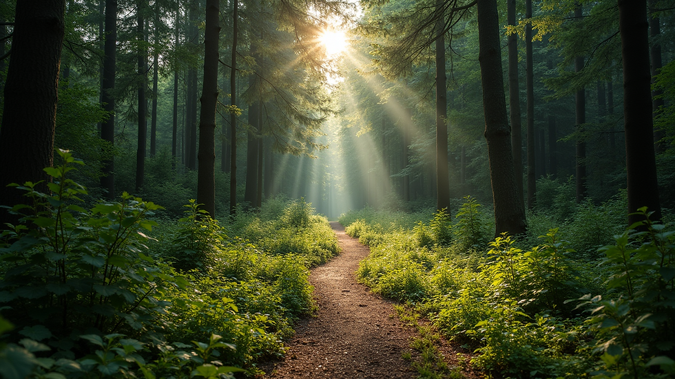 Eye-level view of a serene path through a lush forest