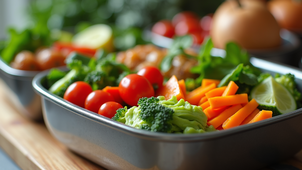 Close-up view of a healthy meal prep container with colorful vegetables