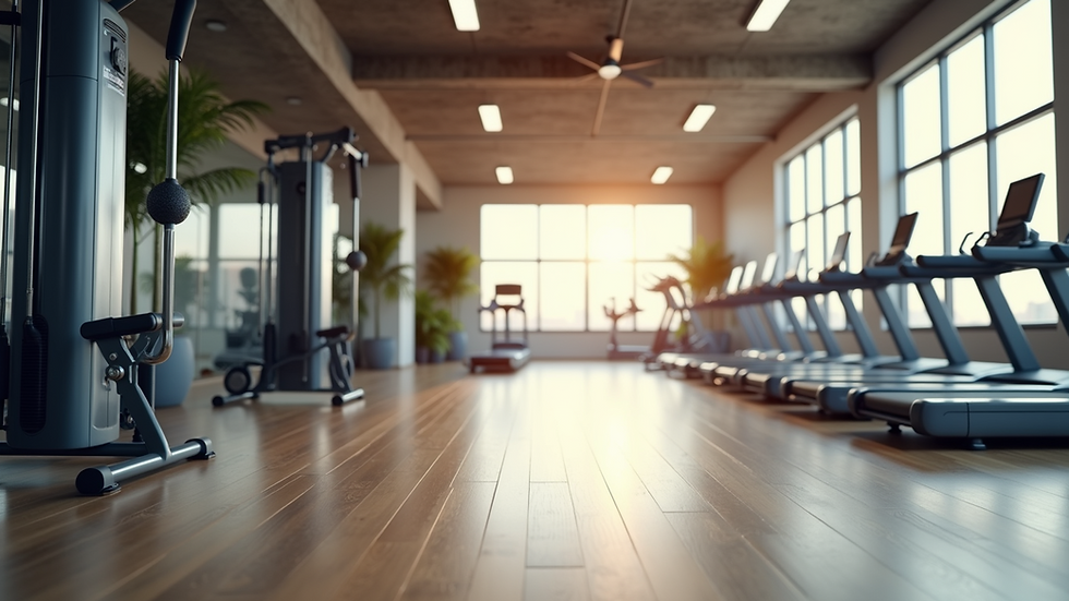 Eye-level view of a gym interior with empty workout stations