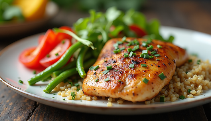 Close-up of a balanced meal with grilled chicken, quinoa, and vegetables
