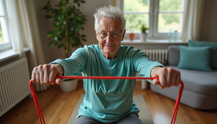 High angle view of an elderly person doing resistance band exercises at home