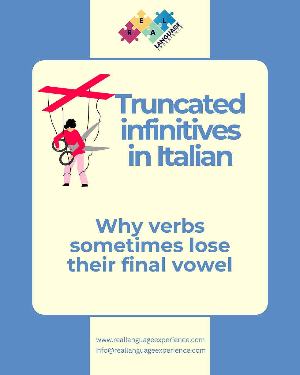Poster with scissors cutting a figure beside text Truncated infinitives in Italian; Why verbs sometimes lose their final vowel.