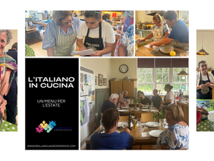 Italian cooking class collage with smiling adults in aprons preparing food and dining in a bright kitchen; poster says L’ITALIANO IN CUCINA Real Language Experience language school Newcastle uk