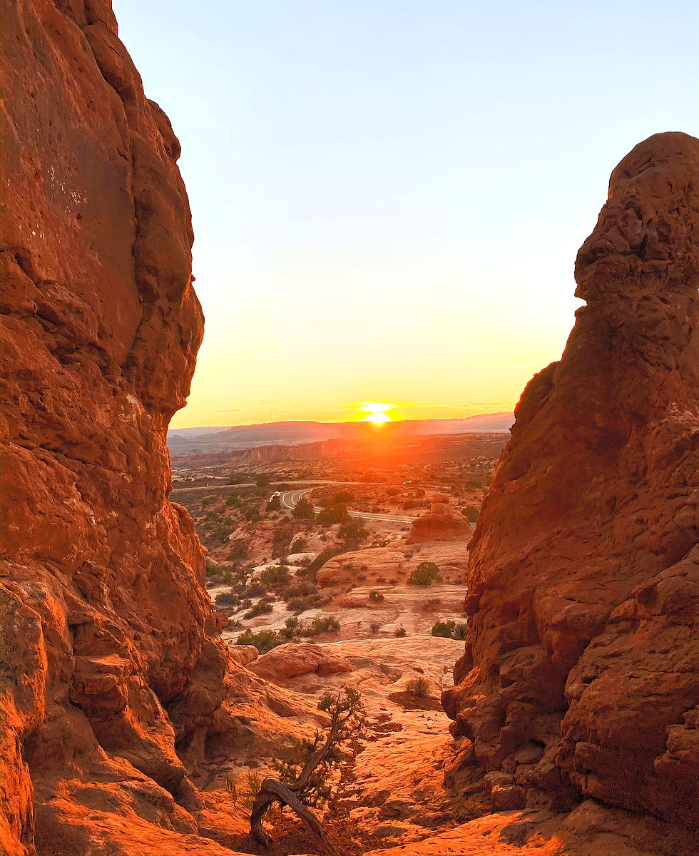 View of sunset in a canyon with rock faces in foreground and winding road in background