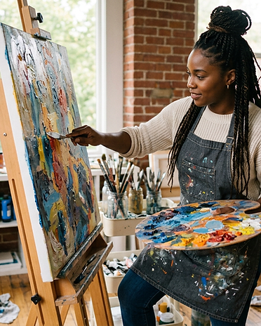 Firefly_Image of a black female artist in the studio working 117692.png
