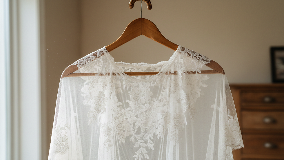 Eye-level view of delicate lace bridal veil on a hanger