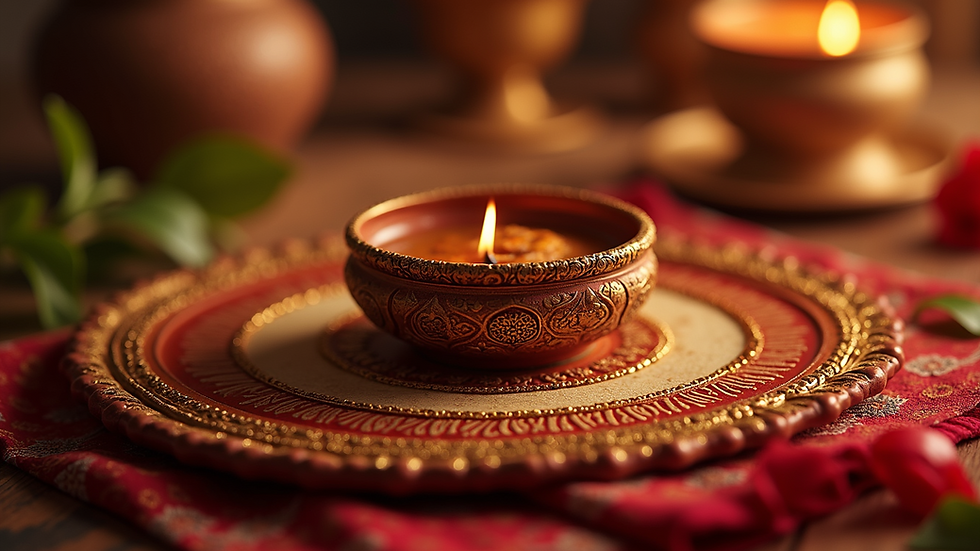 Close-up view of a traditional Indian tikka with intricate designs