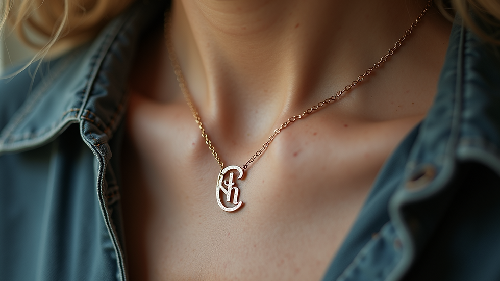 Eye-level view of a delicate personalized necklace displaying engraved initials