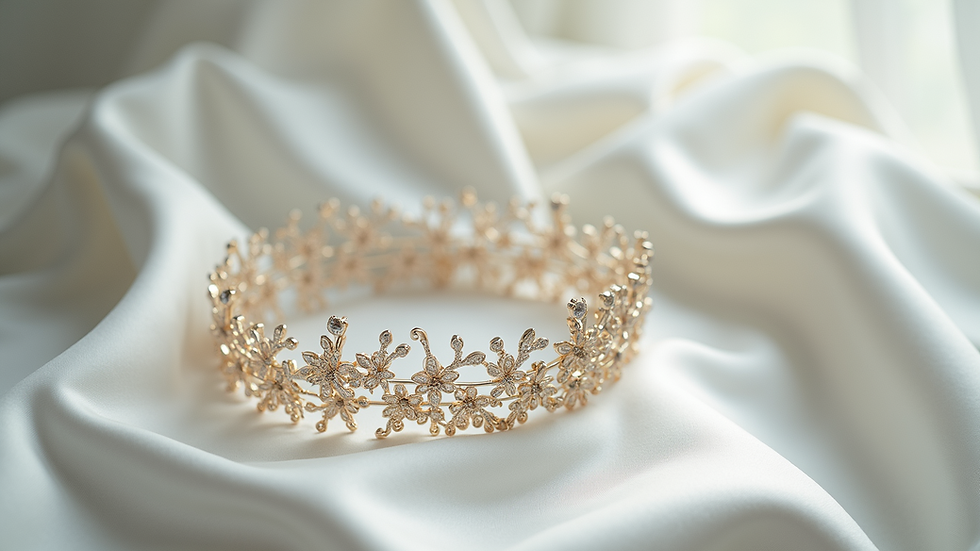 High angle view of a delicate bridal headdress resting on a white silk fabric