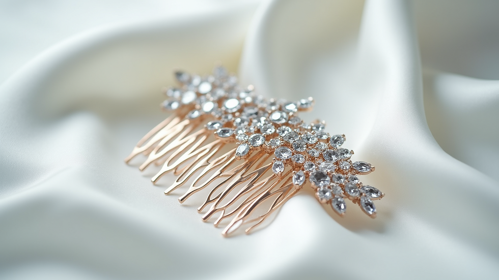 Eye-level view of a crystal bridal hair comb on a white satin surface