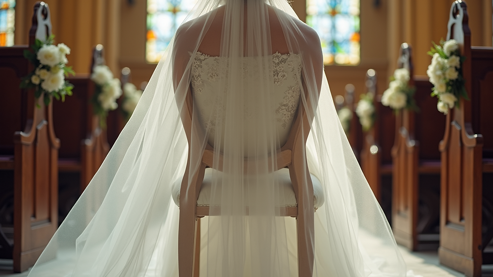 Eye-level view of a delicate cathedral veil draped over a floral-decorated chair